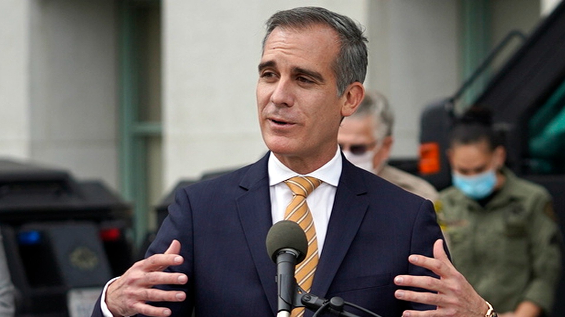 Los Angeles Mayor Eric Garcetti speaks at news conference outside the Hall of Justice in Los Angeles, on Jan. 19, 2021. (AP Photo/Damian Dovarganes, File)