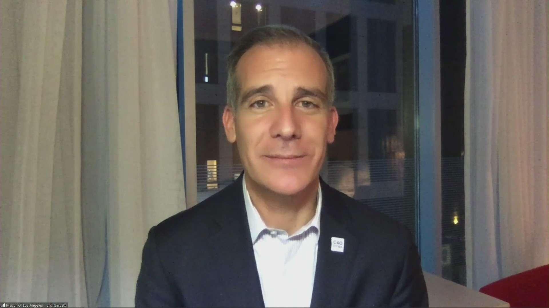 Mayor Garcetti was isolating at his hotel room in Glasgow, Scottland, on Nov. 3, 2021. (KTLA)