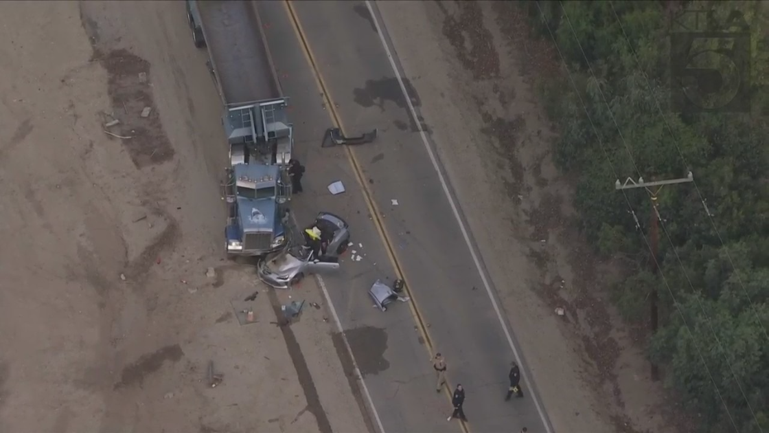 Two people were killed in a crash involving a car and a semi truck in Moorpark on Nov. 15, 2021. (KTLA)