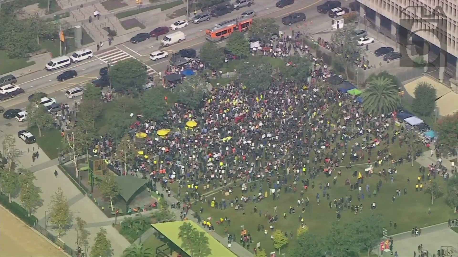 A protest in downtown L.A. Nov. 8, 2021. (KTLA)