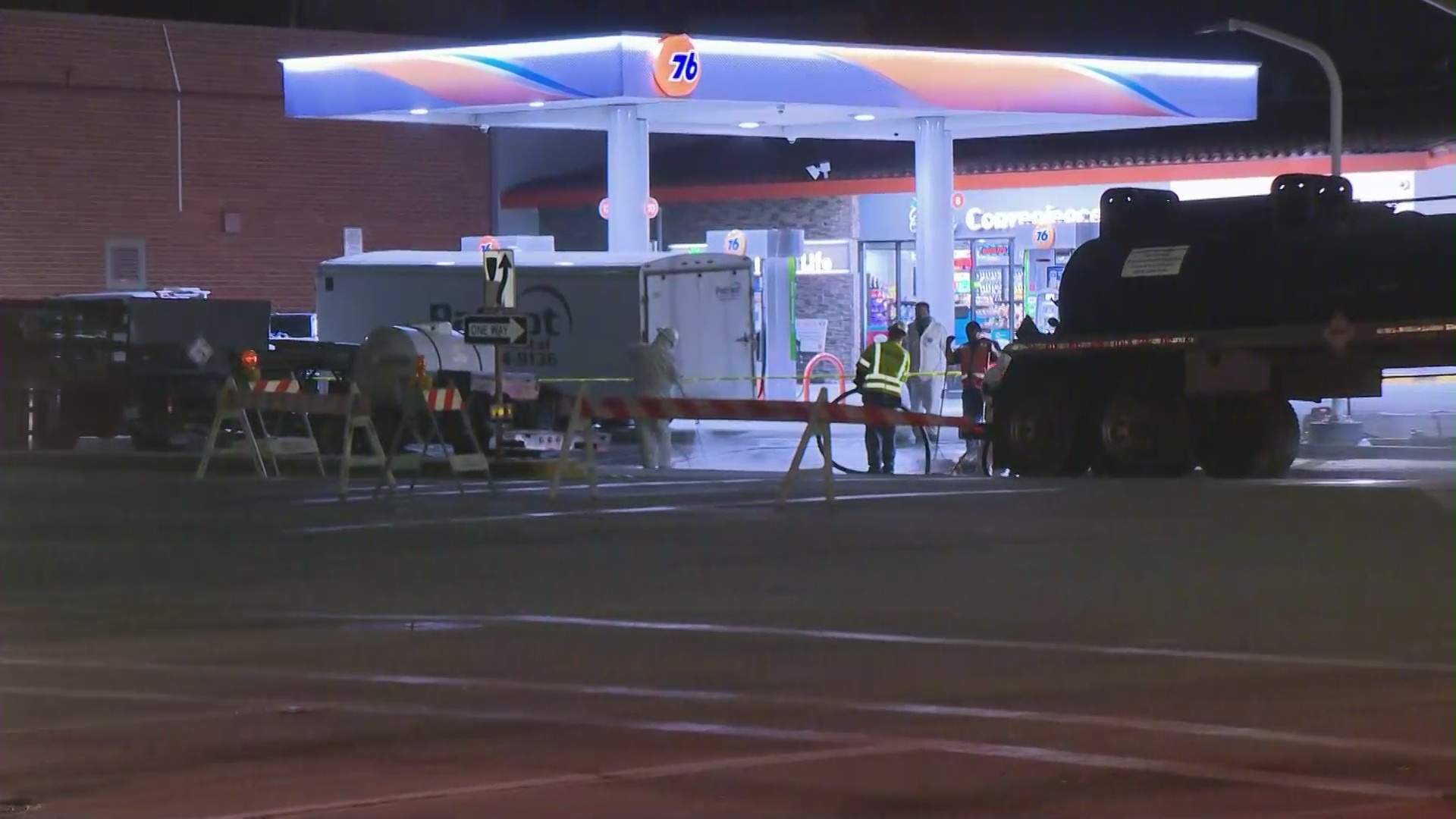 Cleanup efforts are underway at a 76 gas station in Pasadena after hundreds of gallons of gasoline spilled into storm drains. (KTLA)