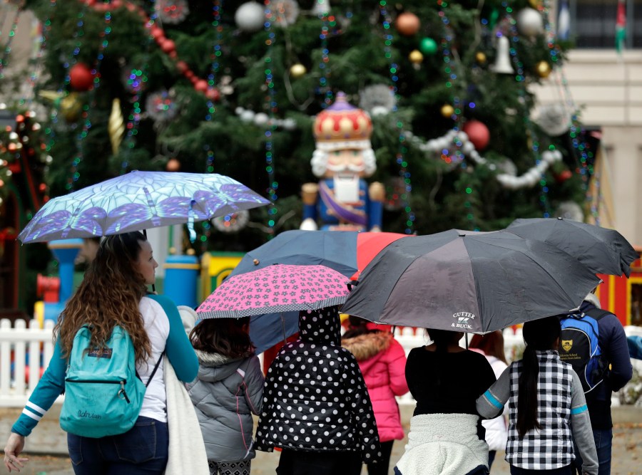 A group of school children crosses the street in front of a Christmas Tree a rain falls on Dec. 15, 2016, in San Jose , Calif. (AP Photo/Marcio Jose Sanchez)