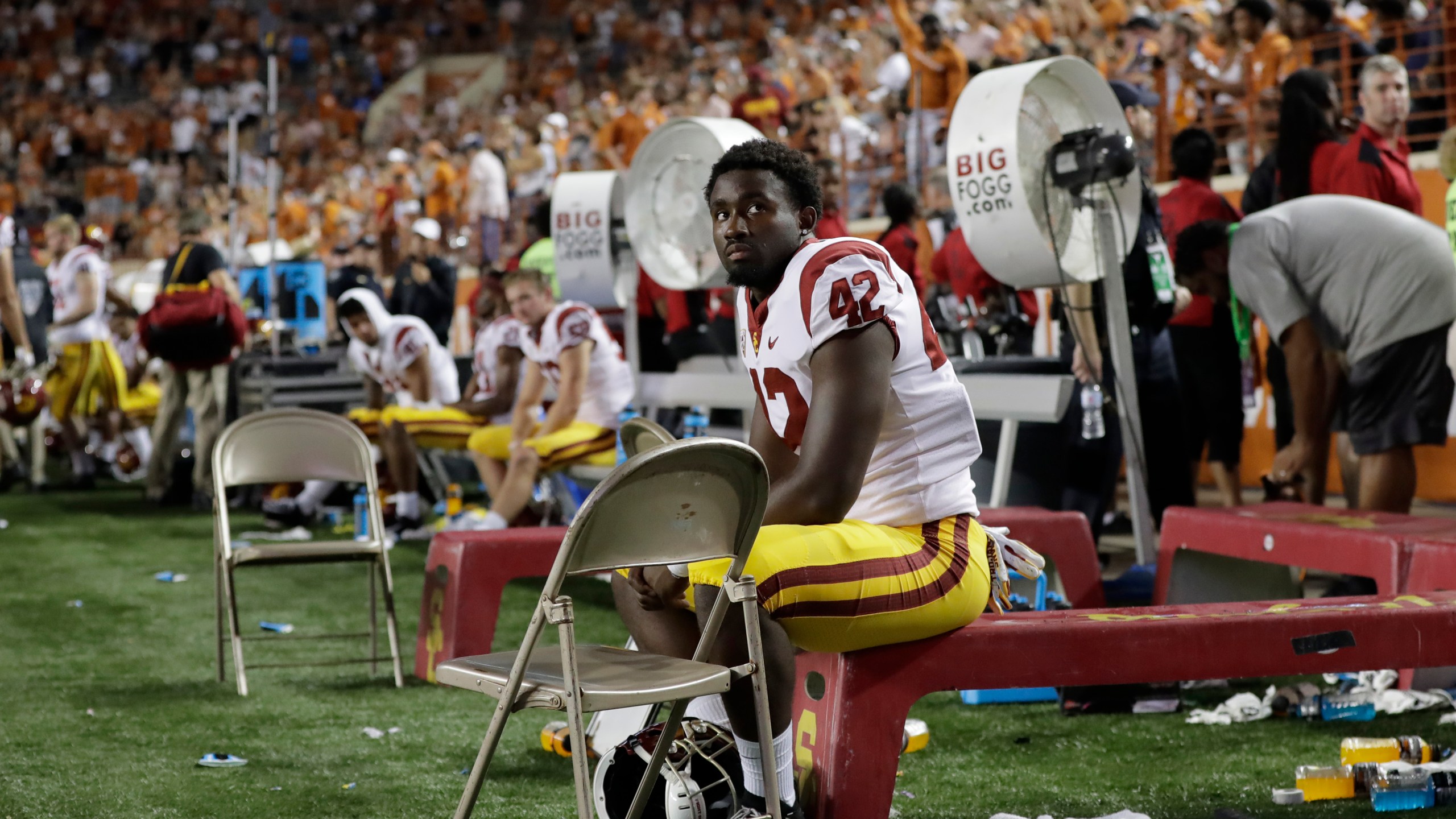 USC linebacker Abdul-Malik McClain (42) sits on the bench during the final seconds of the second half of an NCAA college football game in a 37-14 loss to Texas on Sept. 15, 2018, in Austin, Texas. (AP Photo/Eric Gay)