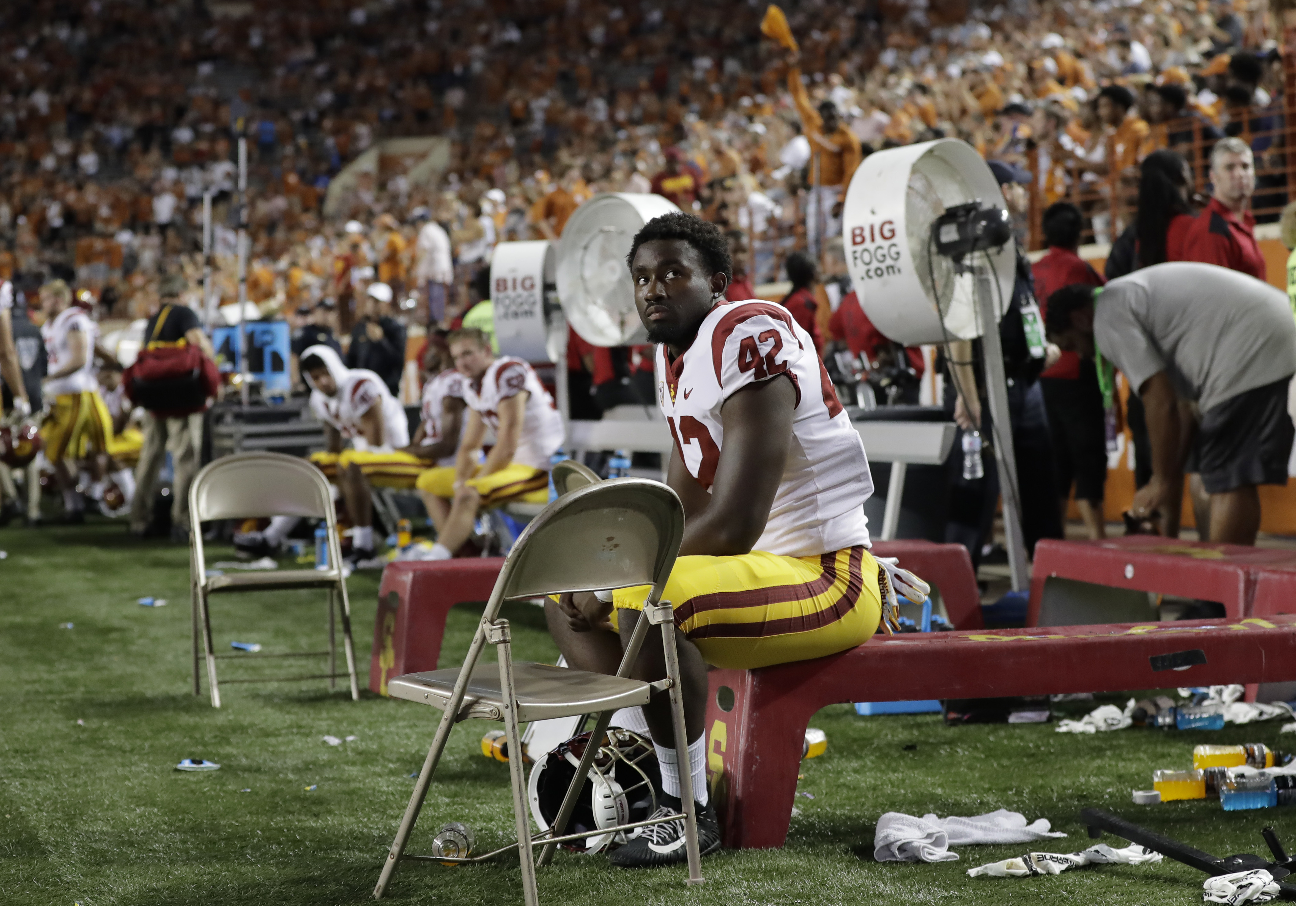 USC linebacker Abdul-Malik McClain (42) sits on the bench during the final seconds of the second half of an NCAA college football game in a 37-14 loss to Texas on Sept. 15, 2018, in Austin, Texas. (AP Photo/Eric Gay)