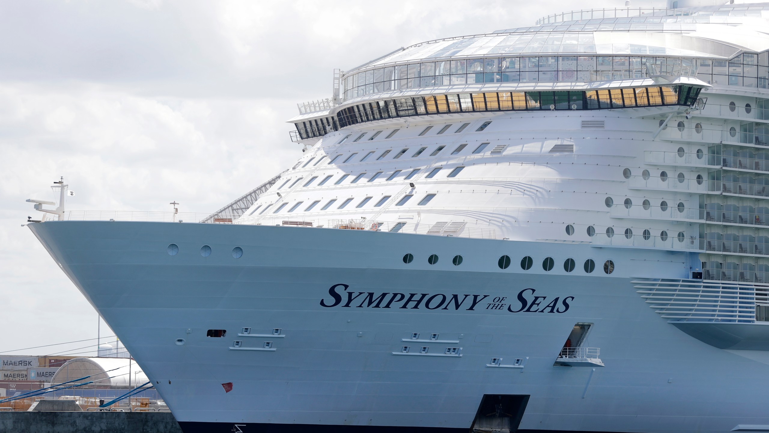 The Symphony of the Seas cruise ship is shown docked at PortMiami, Wednesday, May 20, 2020, in Miami. (AP Photo/Wilfredo Lee)