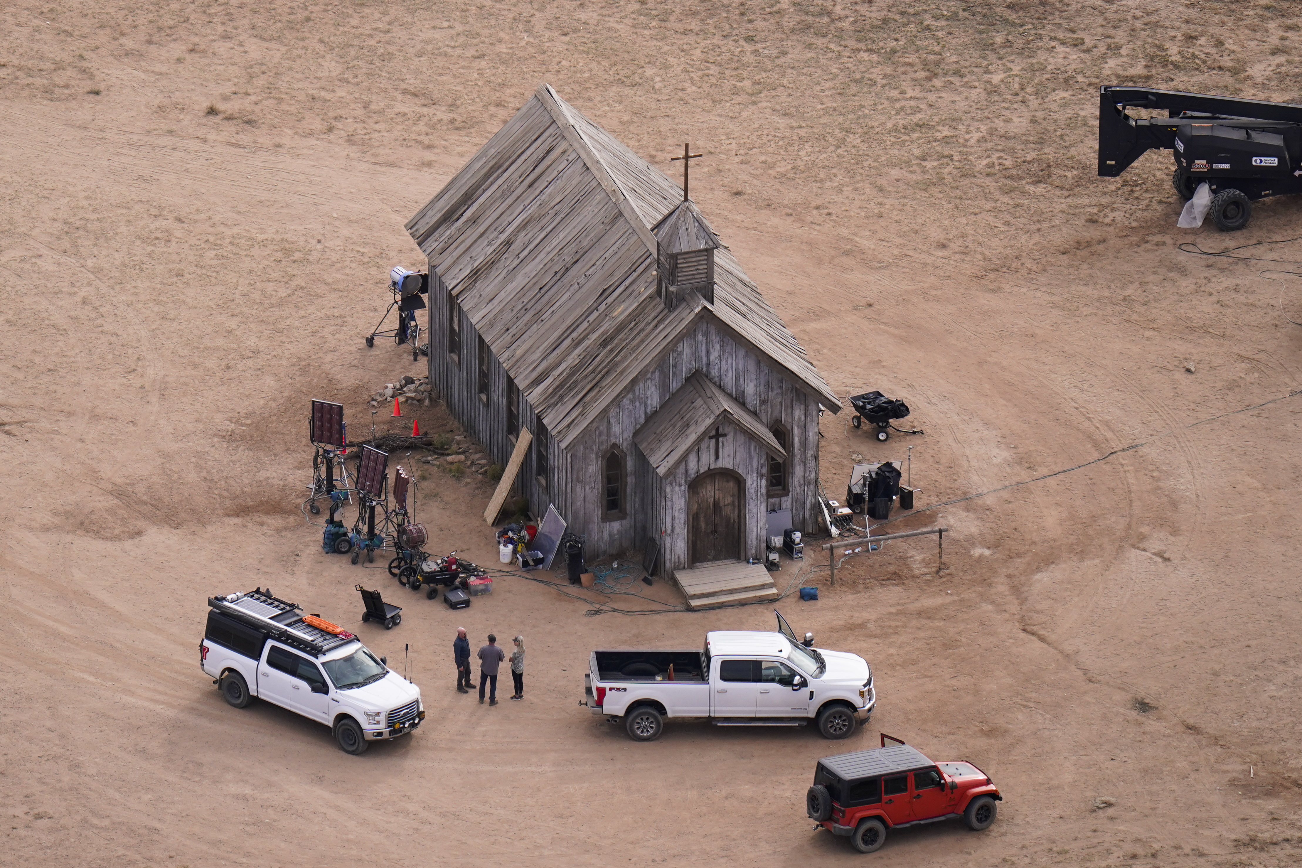 This aerial photo shows the set of "Rust" at the Bonanza Creek Ranch in Santa Fe, N.M., on Oct. 23, 2021. (AP Photo/Jae C. Hong, File)