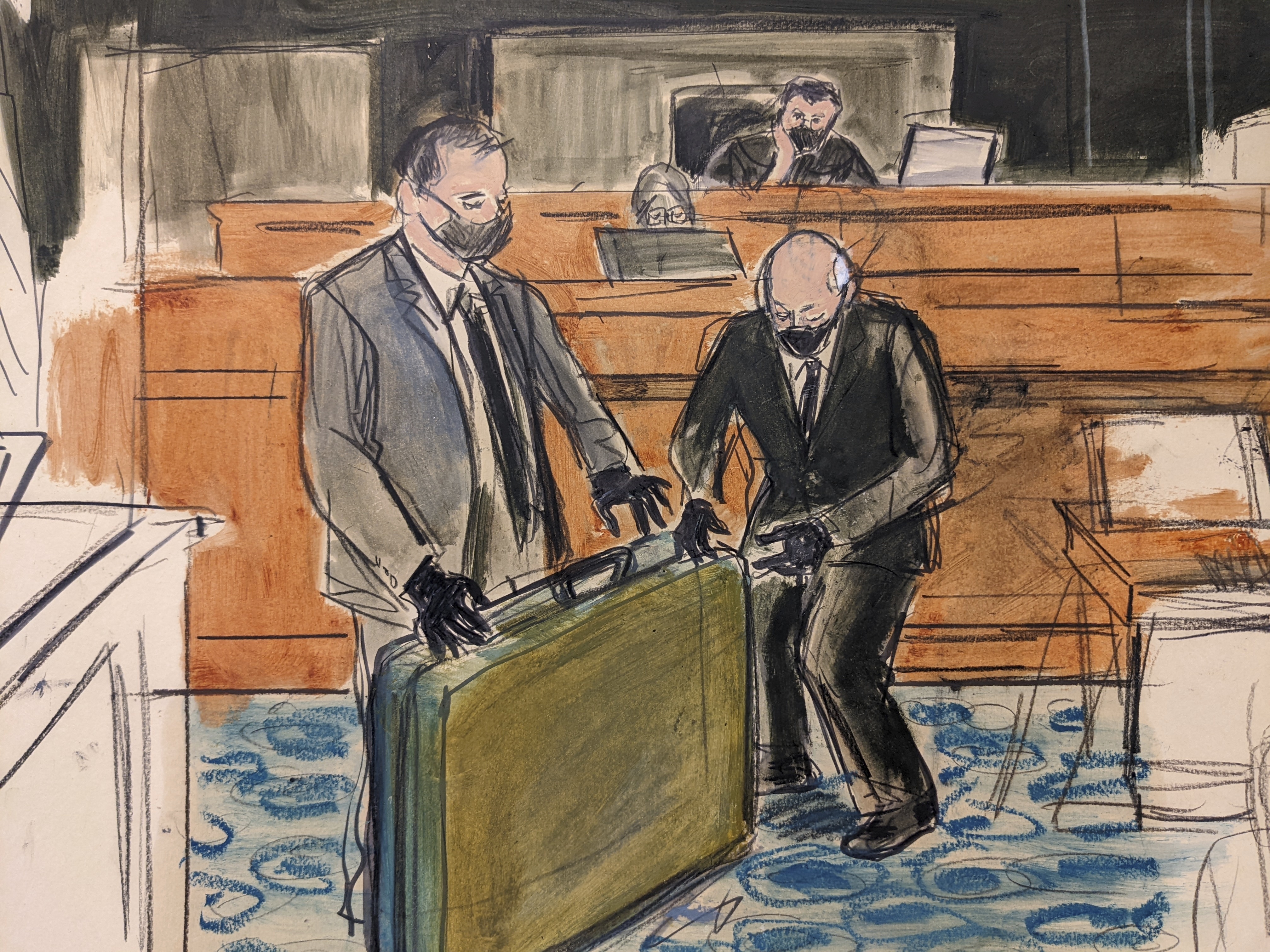 In this sketch, a prosecution detective, left, shows a massage table recovered from Jeffrey Epstein's Palm Beach Beach home to witness and former Palm Beach Police Officer Gregory Parkinson, right, during testimony in the sex-abuse trial of Ghislaine Maxwell on Dec. 3, 2021, in New York. (Elizabeth Williams via AP)