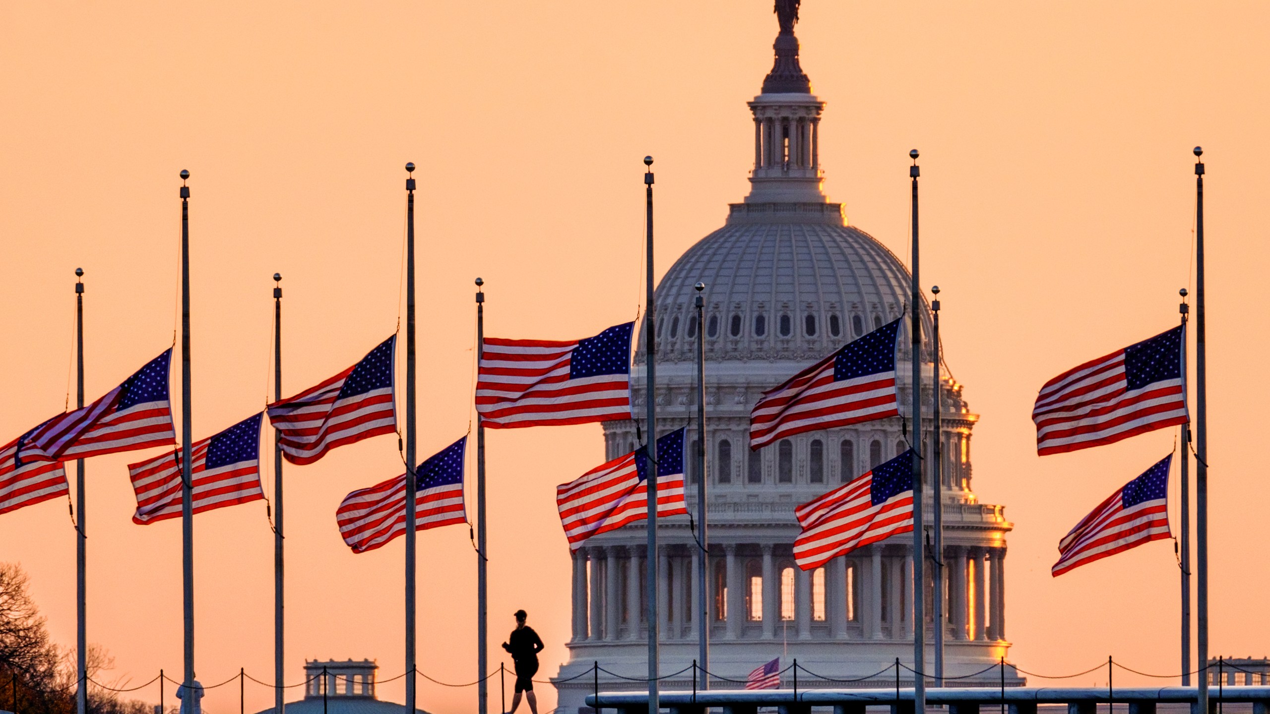 Lowered to half-staff in honor of former Senate Majority Leader Bob Dole of Kansas, flags fly in the breeze at sunrise on the National Mall with the U.S. Capitol in the background on Dec. 6, 2021, in Washington. (J. David Ake)