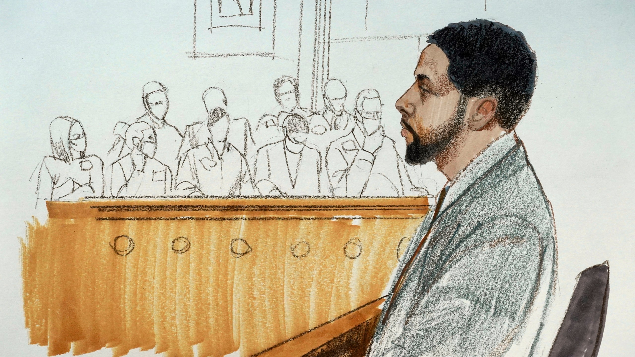 In this courtroom sketch, actor Jussie Smollett takes the stand in his own defense Monday, Dec. 6, 2021, at the Leighton Criminal Courthouse on day five of his trial in Chicago. (AP Photo/Cheryl Cook)