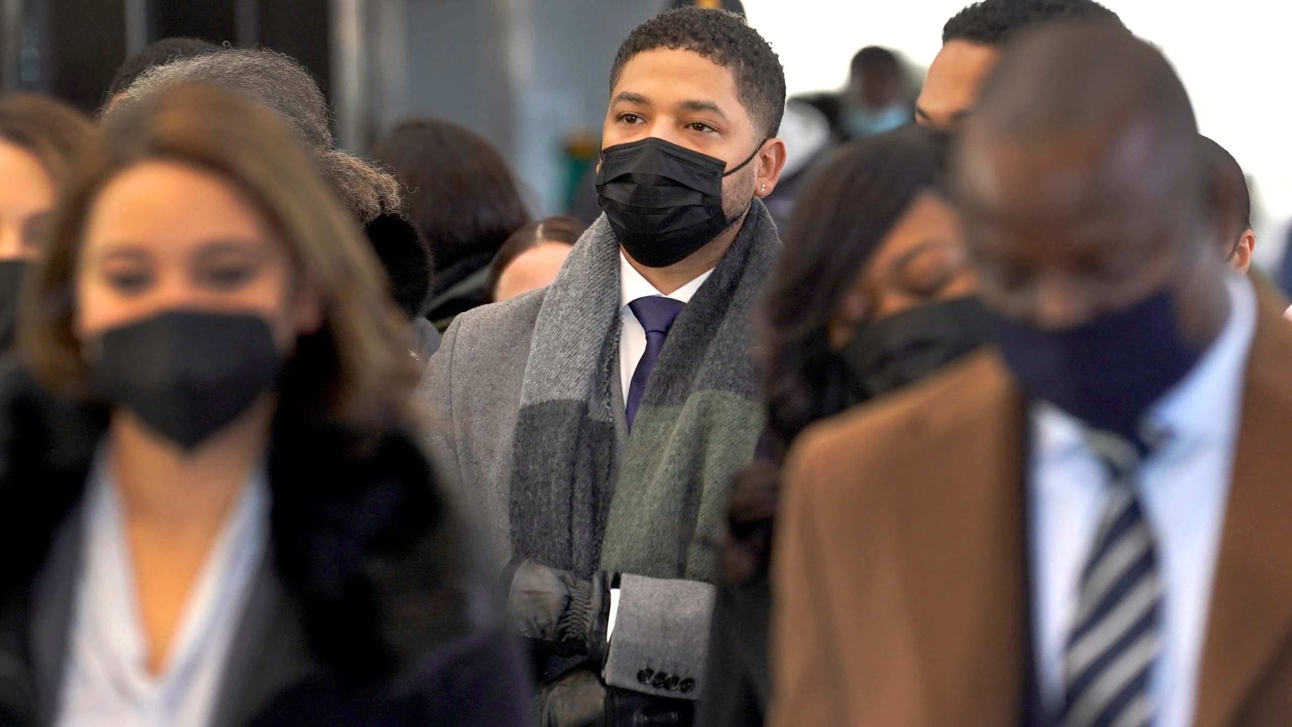 Actor Jussie Smollett arrives at the Leighton Criminal Courthouse on Dec. 8, 2021, day seven of his trial in Chicago. (Charles Rex Arbogast/Associated Press)