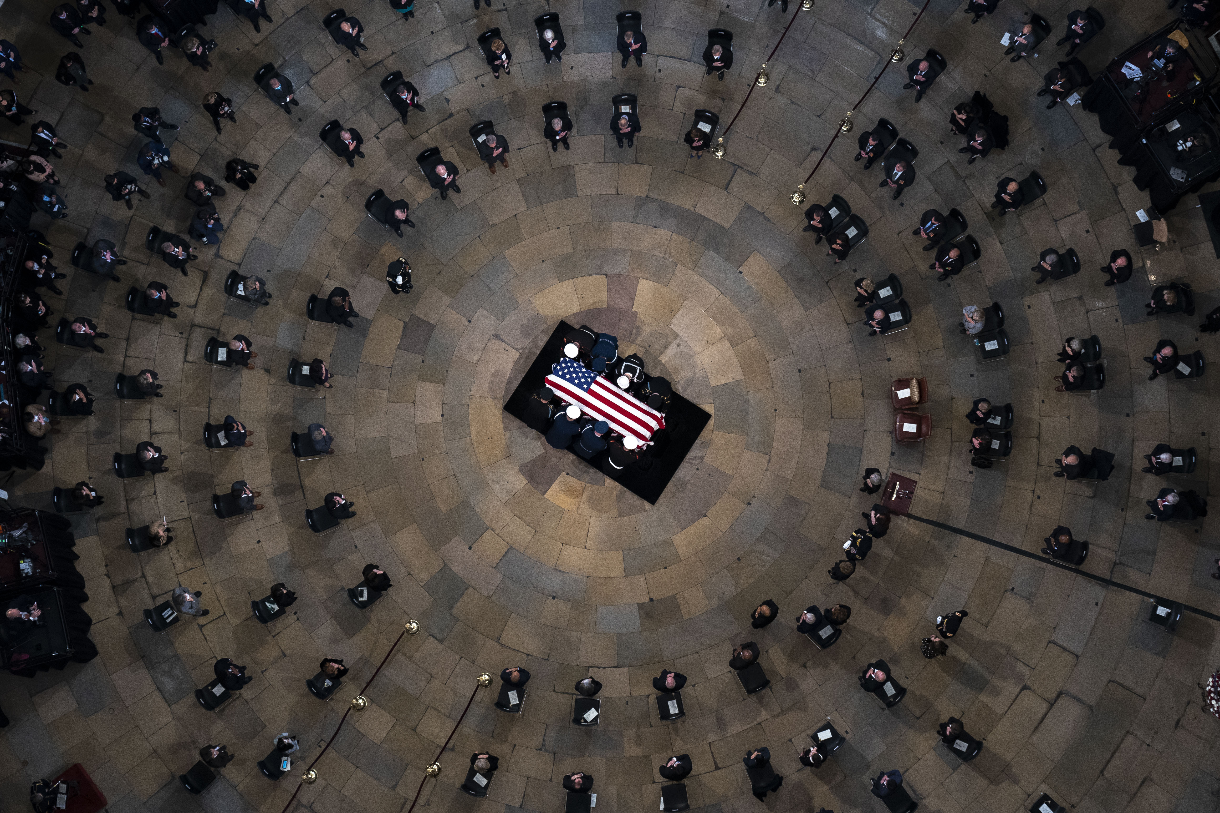 The casket of former Sen. Bob Dole, R-Kan., arrives in the Rotunda of the U.S. Capitol, where he will lie in state on Dec. 9, 2021, on Capitol Hill in Washington. (AP Photo/Andrew Harnik, Pool)