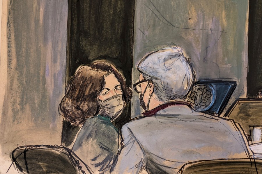 This courtroom sketch shows Ghislaine Maxwell , left, conferring with her defense attorney Bobbi Sternheim before the start of her sex abuse trial on Dec. 9, 2021, in New York. (Elizabeth Williams/Associated Press)