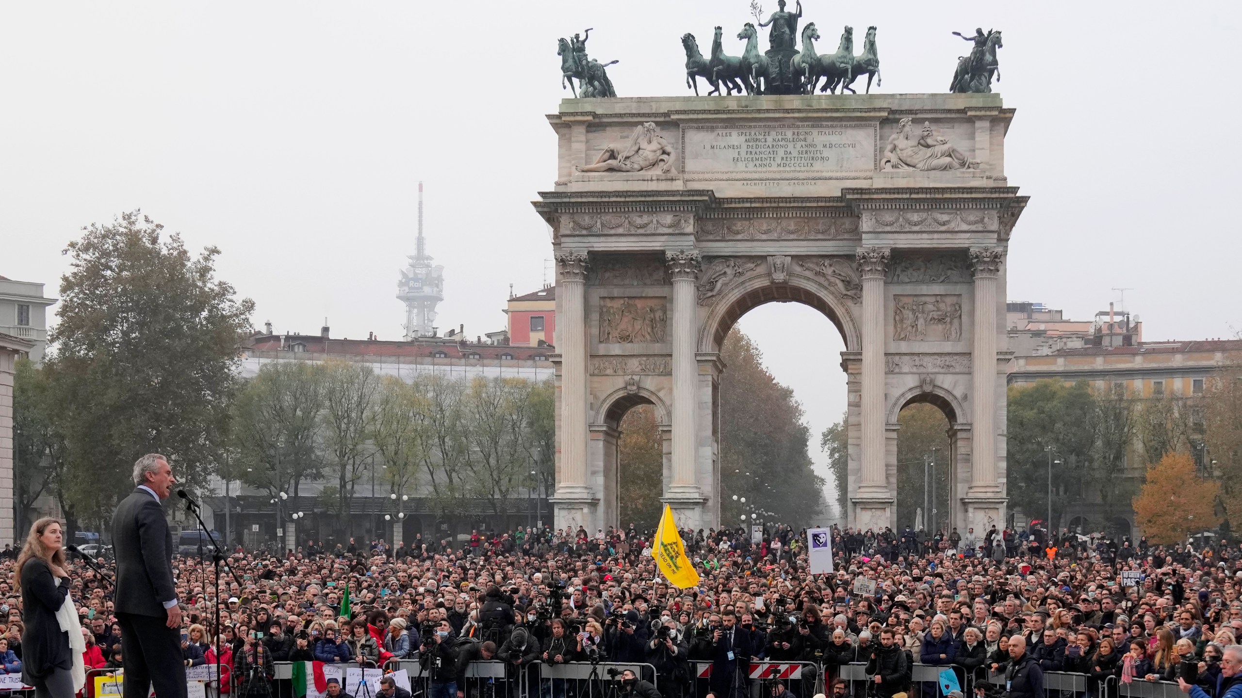 Robert F. Kennedy, Jr., speaks during a protest against the COVID-19 vaccination green pass in Milan, Italy on Nov. 13, 2021. (Antonio Calanni/Associated Press)