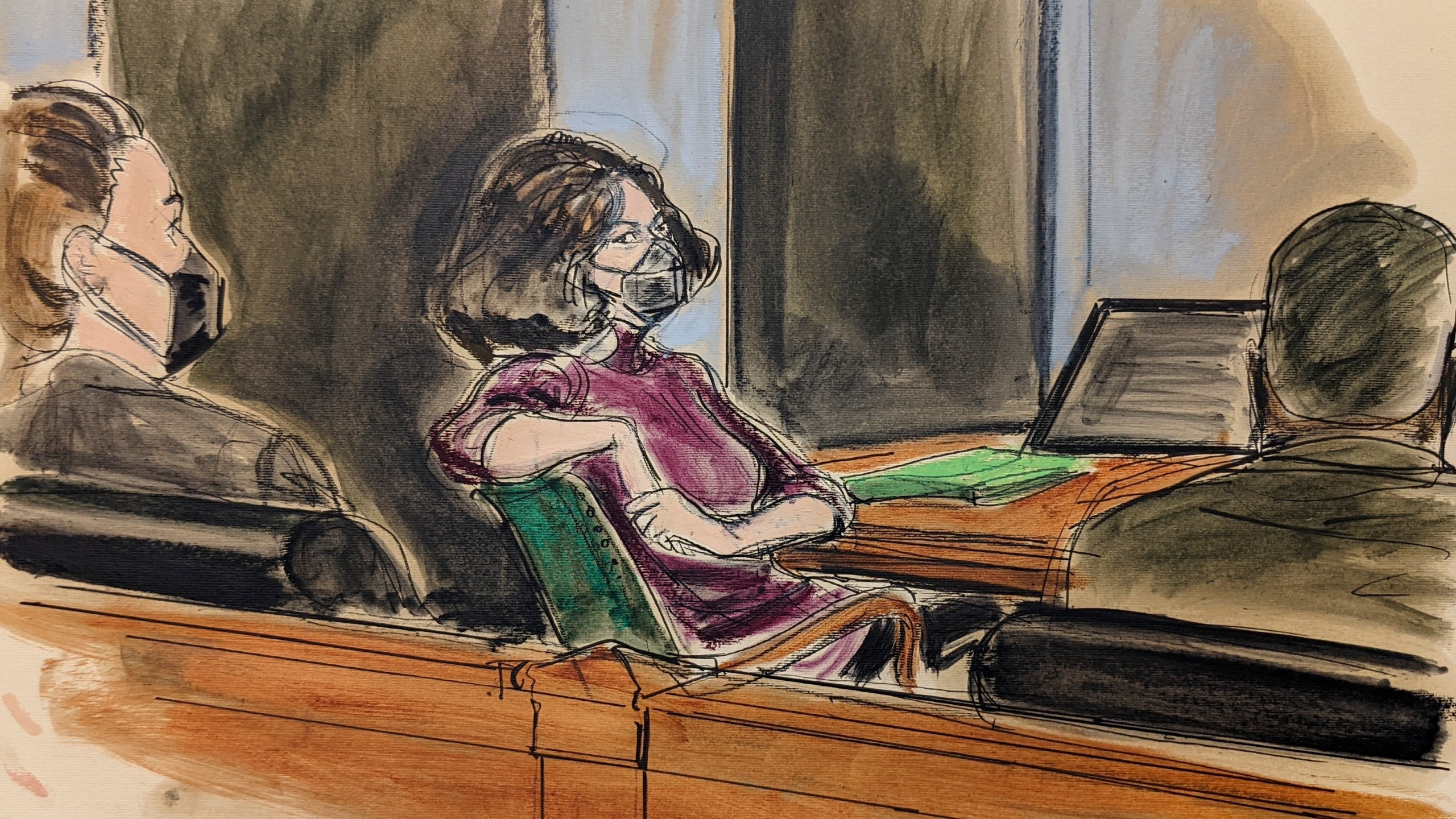 In this courtroom sketch, Ghislaine Maxwell, center, sits in the courtroom during a discussion about a note from the jury, during her sex trafficking trial on Dec. 29, 2021, in New York. (AP Photo/Elizabeth Williams)