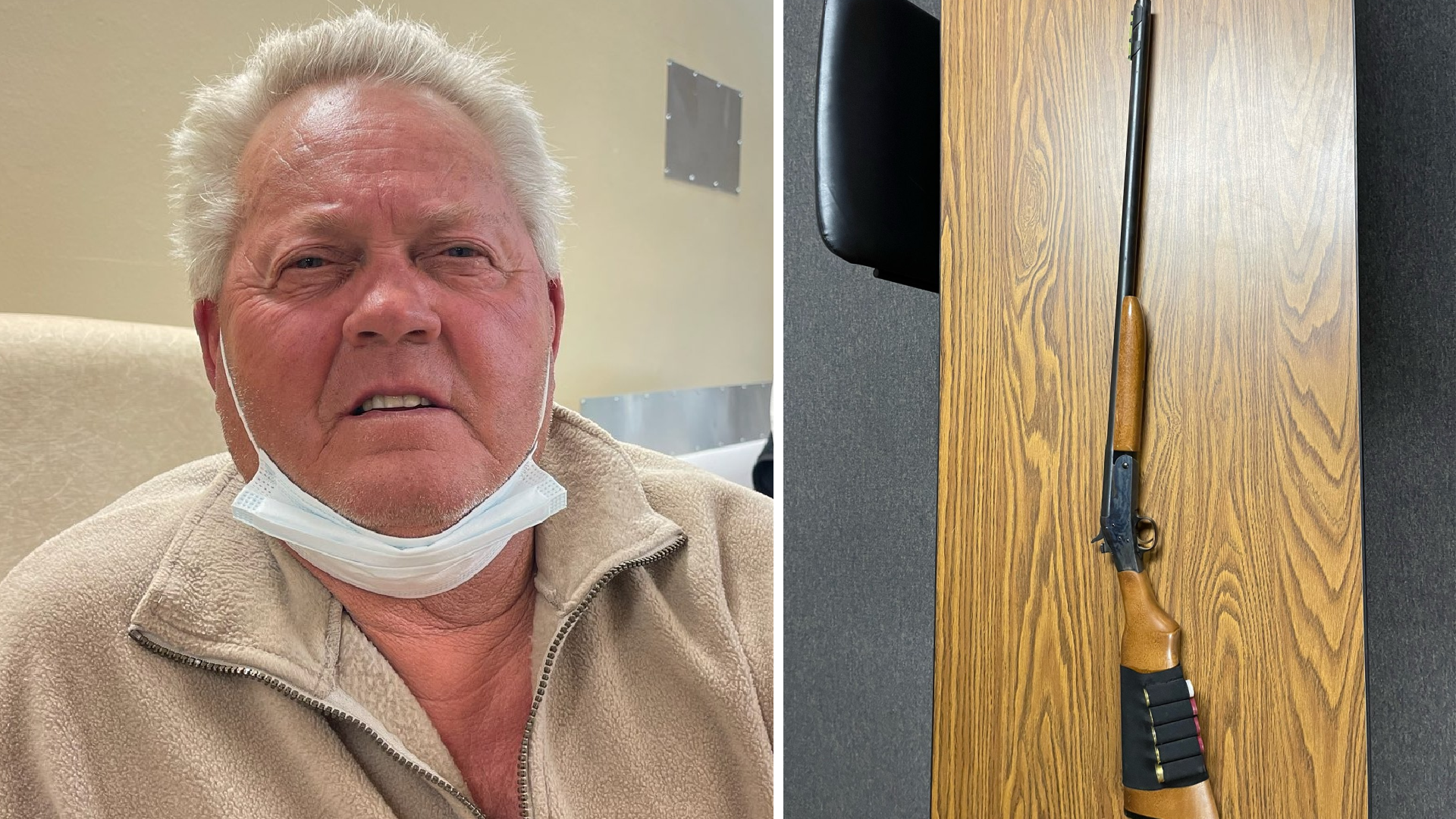 Mark Shell, 63,and a firearm police say was recovered from his vehicle are seen in photos released by the Ridgecrest Police Department on Dec. 5, 2021.