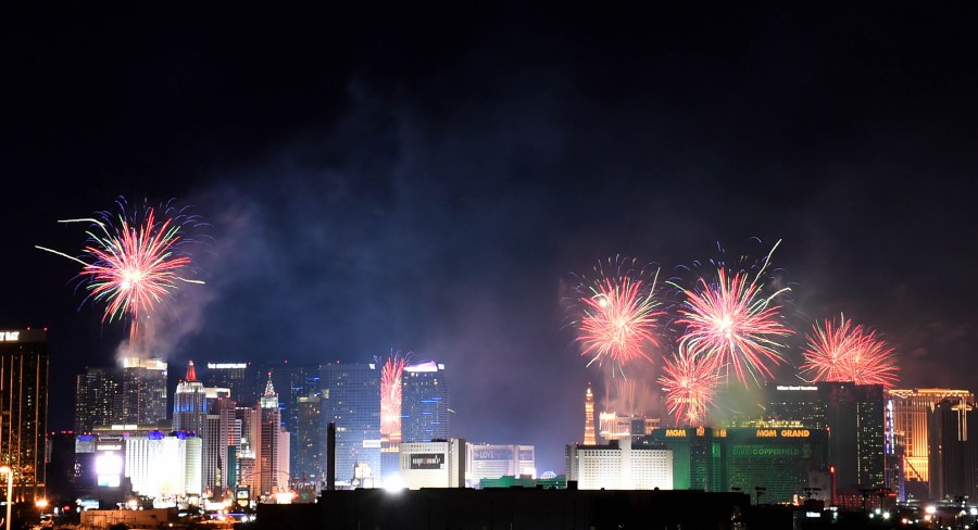 Fireworks illuminate the skyline over the Las Vegas Strip during an eight-minute-long pyrotechnics show put on by Fireworks by Grucci titled "America's Party" during a New Year's Eve celebration on Jan. 1, 2019, in Las Vegas, Nevada.(Ethan Miller/Getty Images)