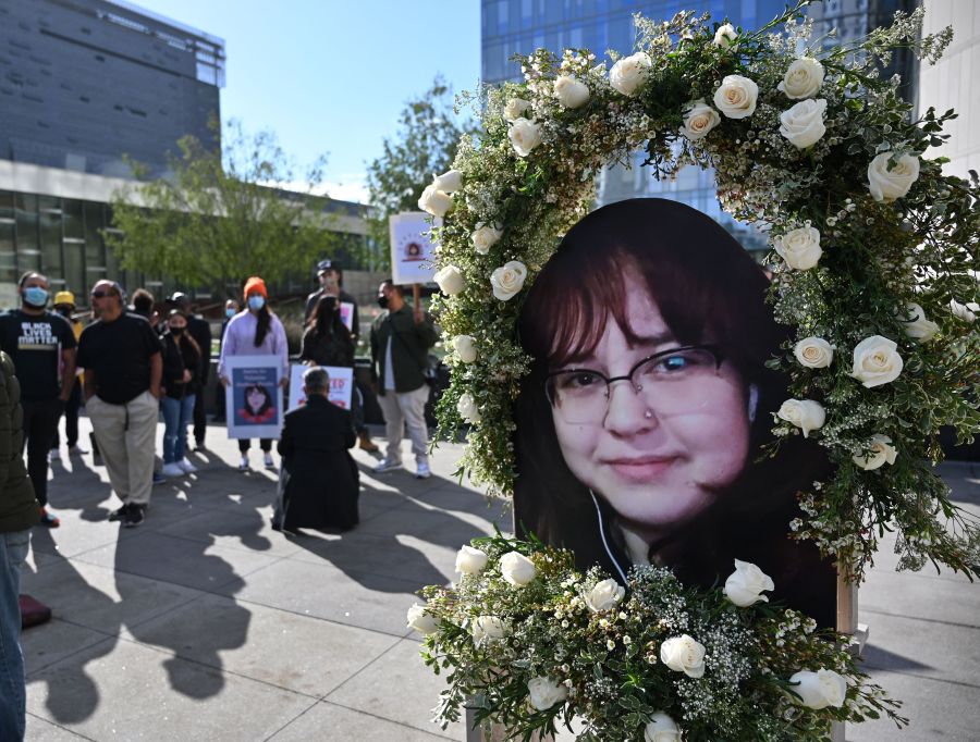 A photo of 14-year old Valentina Orellana-Peralta, who was killed by a stray police bullet while shopping with her mother at a clothing store, is seen at a press conference outside Los Angeles Police Department headquarters on Dec. 28, 2021. (Robyn Beck/AFP via Getty Images)