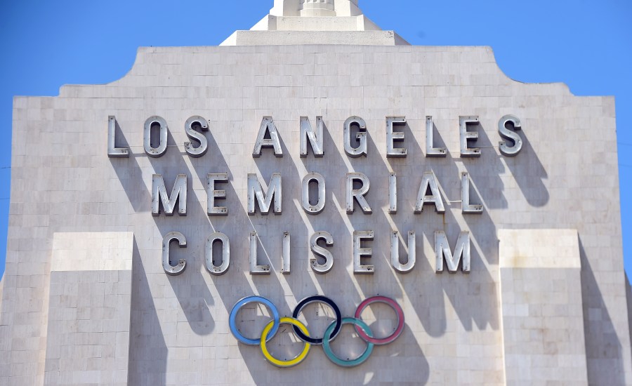 The entrance to the Los Angeles Coliseum, which hosted the 1932 and 1984 Summer Olympics, is shown in Aug. 31, 2015. (FREDERIC J. BROWN/AFP via Getty Images)