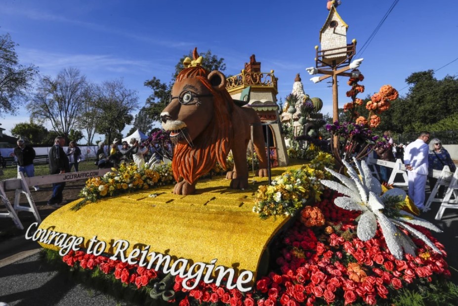 Kaiser Permanente’s 2020 Rose Parade float, “Courage to Reimagine,” is displayed along along Sierra Madre and Washington boulevards the day after the parade.(Irfan Khan/Los Angeles Times)
