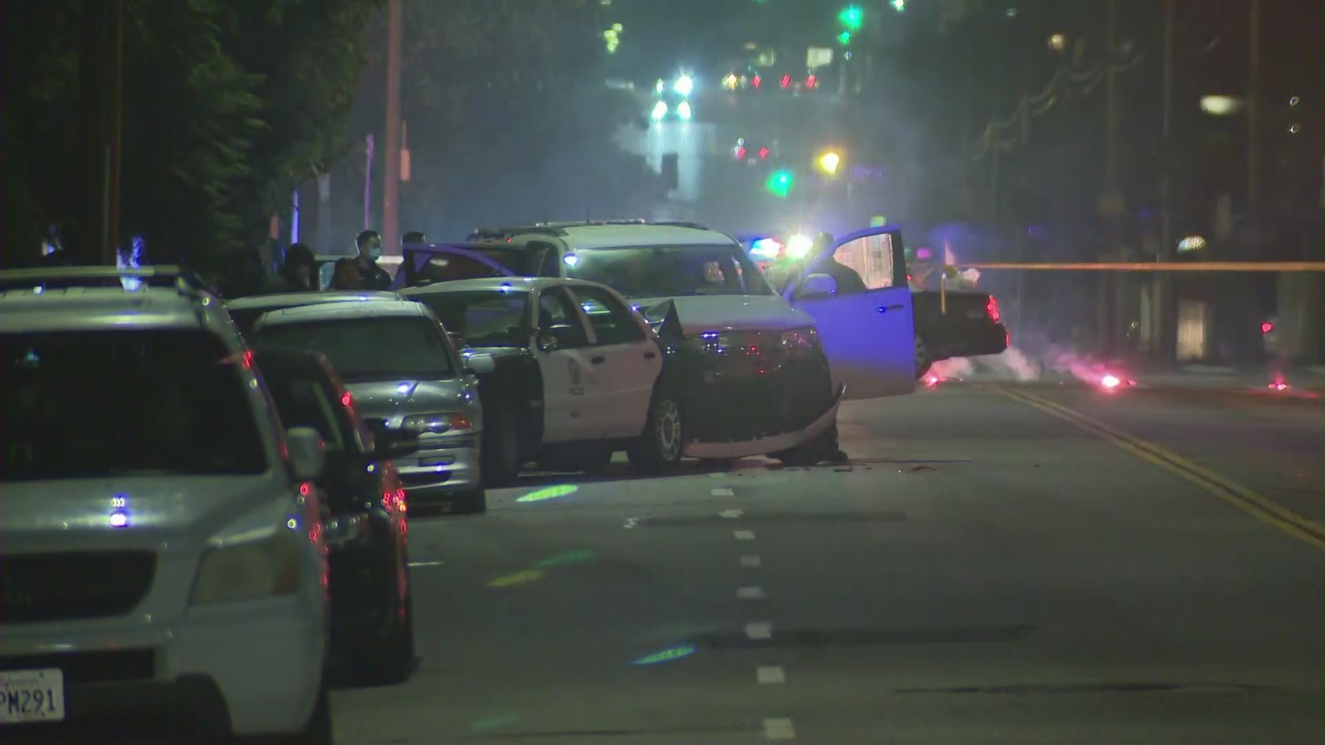 An LAPD vehicle and an SUV were involved in a wreck on Dec. 17, 2021. (KTLA)