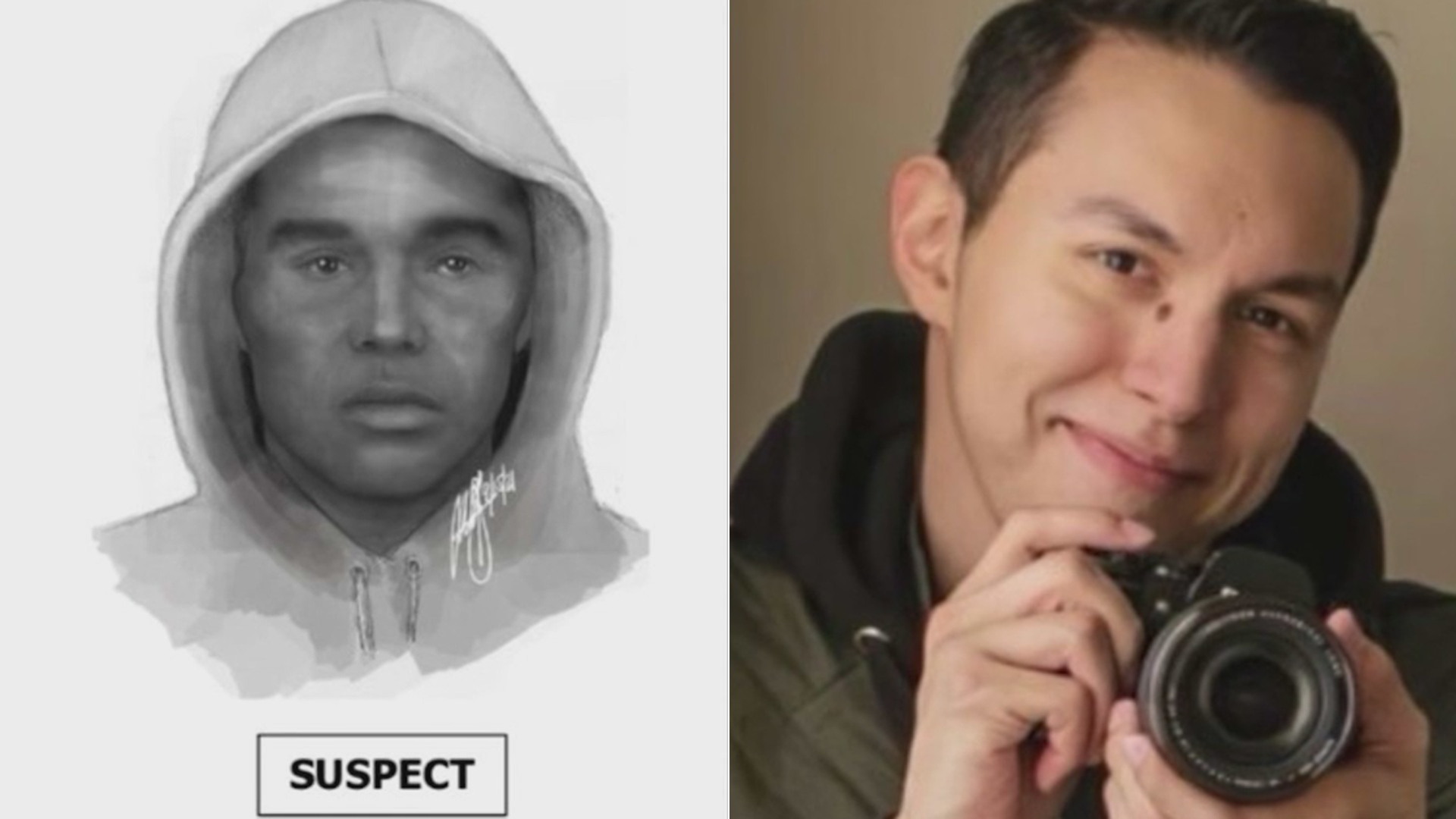 A composite sketch of the gunman and a photo of Jason Cortez are shown in images shared by LAPD on Dec. 17, 2021.