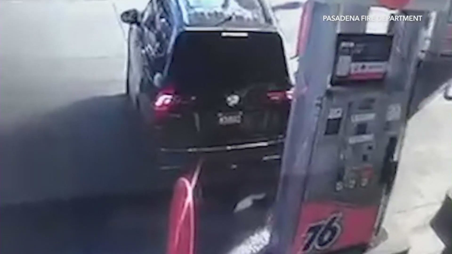 This image shows an SUV striking a gas pump at a 76 station in Pasadena on Dec. 19, 2021. (Pasadena Fire Department)