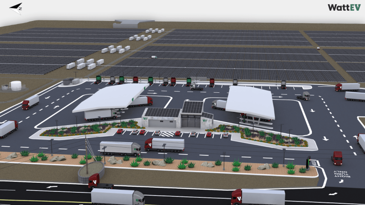 Plans for WattEV's first electric charging truck stop in Bakersfield, Calif. are seen in a photo shared on Dec. 16, 2021.