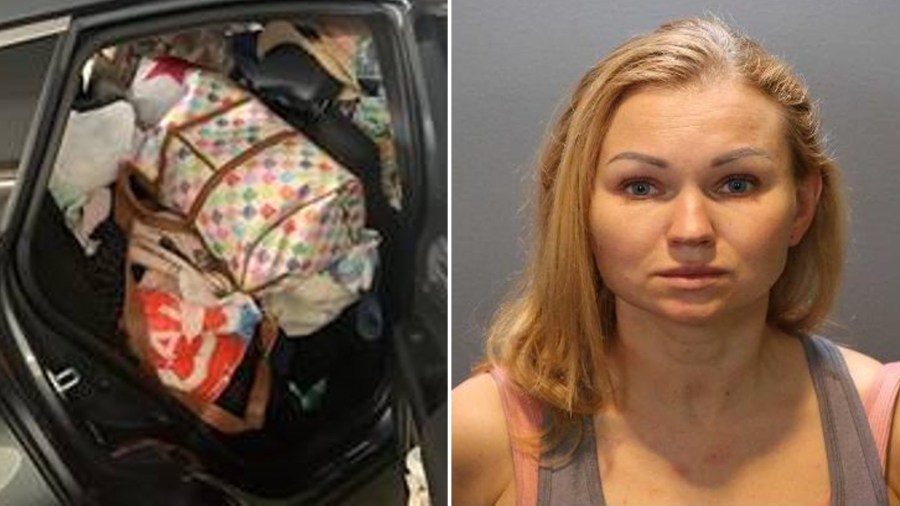 On the left, CHP released this photo of Ekatarina Zharkova's car, which appeared to be packed with stolen goods. On the right, Ekatarina Zharkova is seen in undated photo from the Orange County Sheriff's Department.