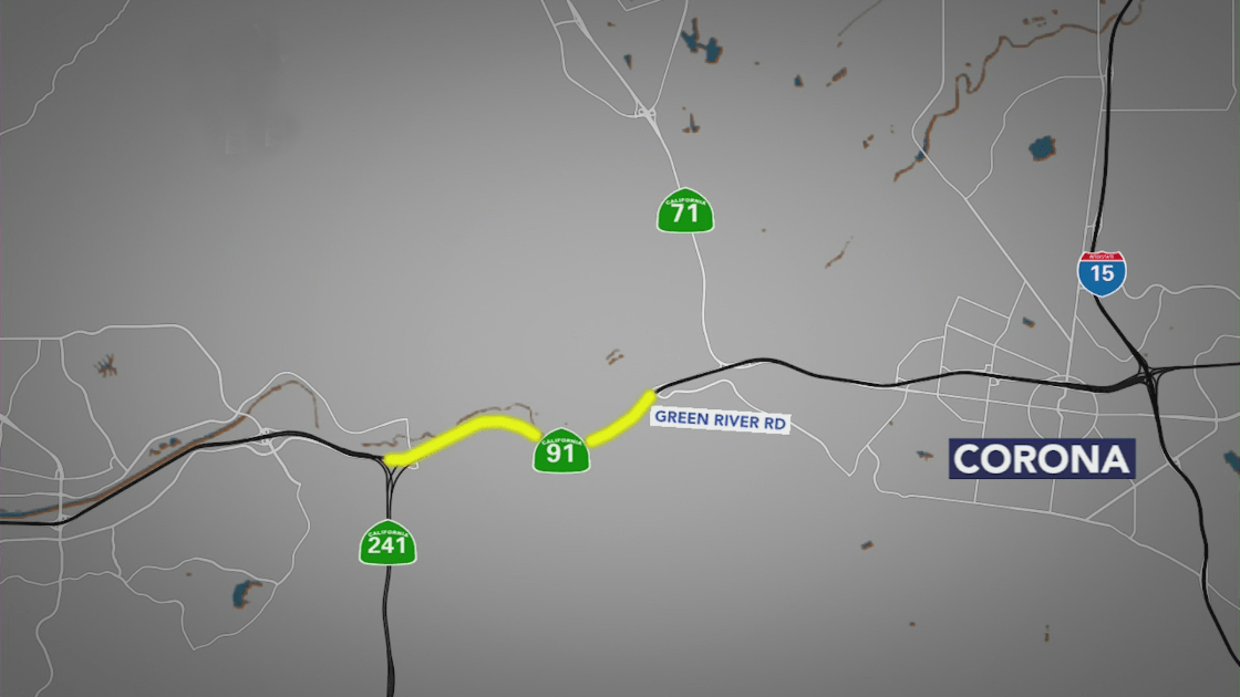 A map shows a stretch of the 91 Freeway that now has an extra lane that opened Jan. 6, 2022. (KTLA)