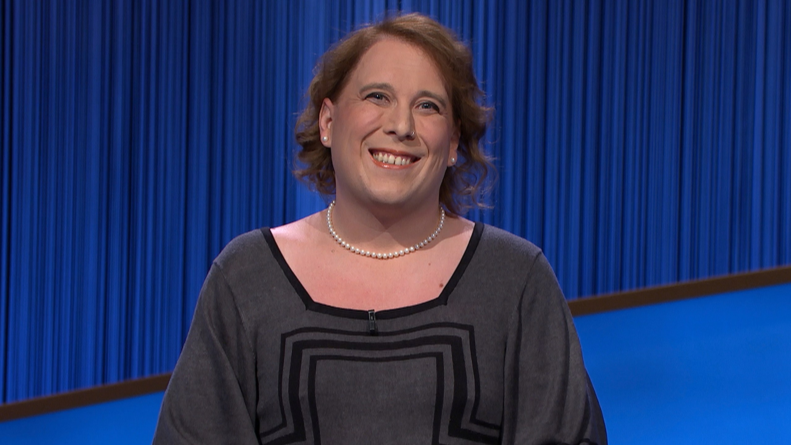 This image provided by Jeopardy Productions, Inc. shows game show champion Amy Schneider on the set of "Jeopardy!"