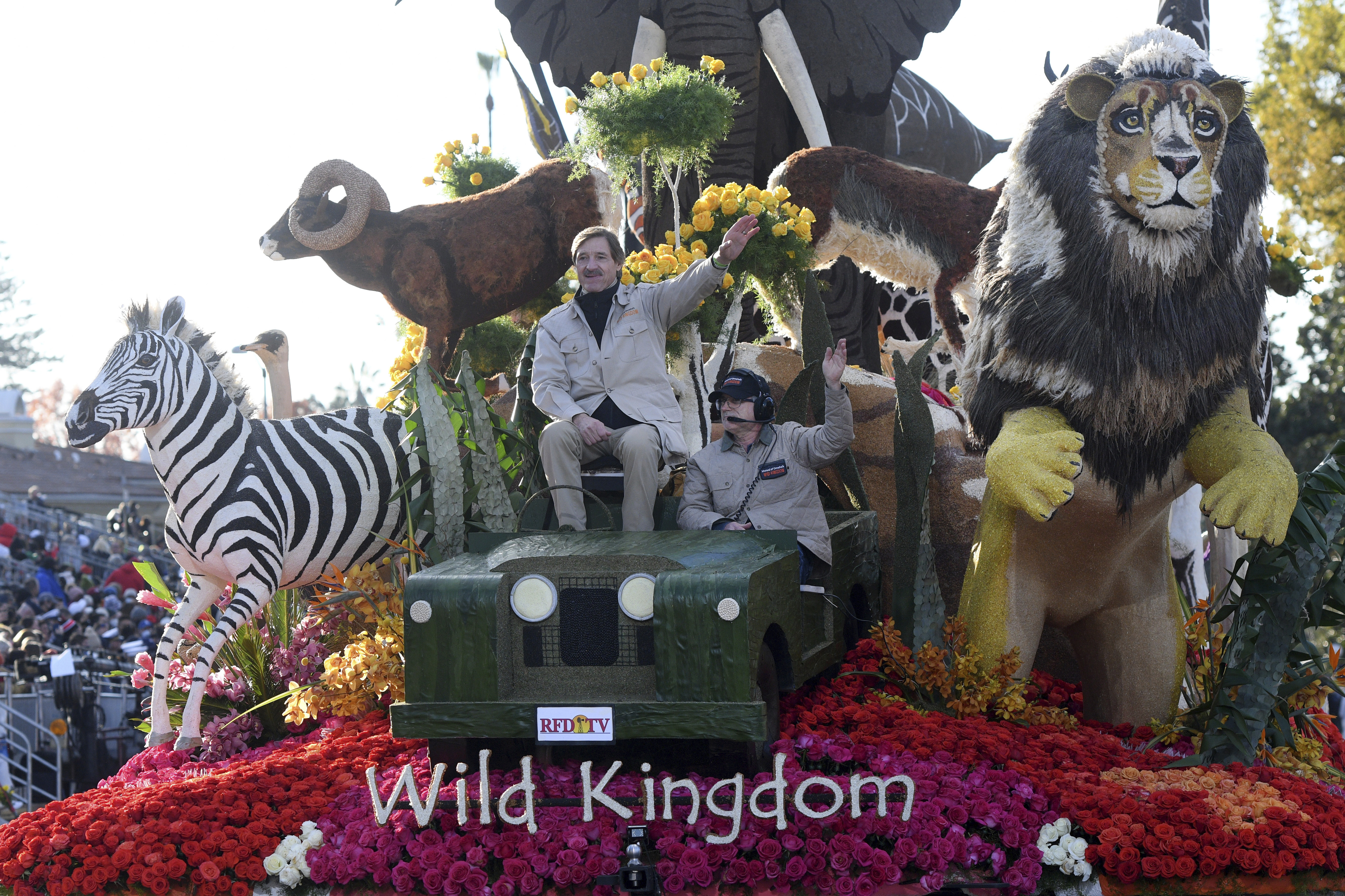The RFD-TV / Mutual of Omaha's Wild Kingdom float is seen at the 133rd Rose Parade in Pasadena on Jan. 1, 2022. (Michael Owen Baker/Associated Press)