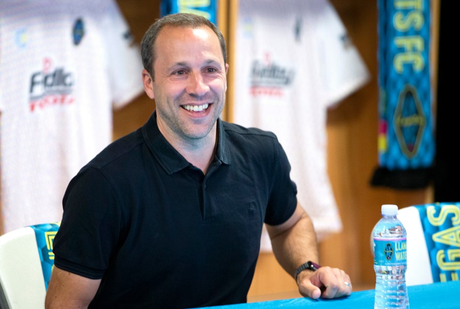 Las Vegas Lights FC head coach Steve Cherundolo responds to a question during a media day news conference at Cashman Field in Las Vegas on June 3, 2021. Cherundolo has been named Los Angeles FC's new head coach. (Steve Marcus/Las Vegas Sun via Associated Press)