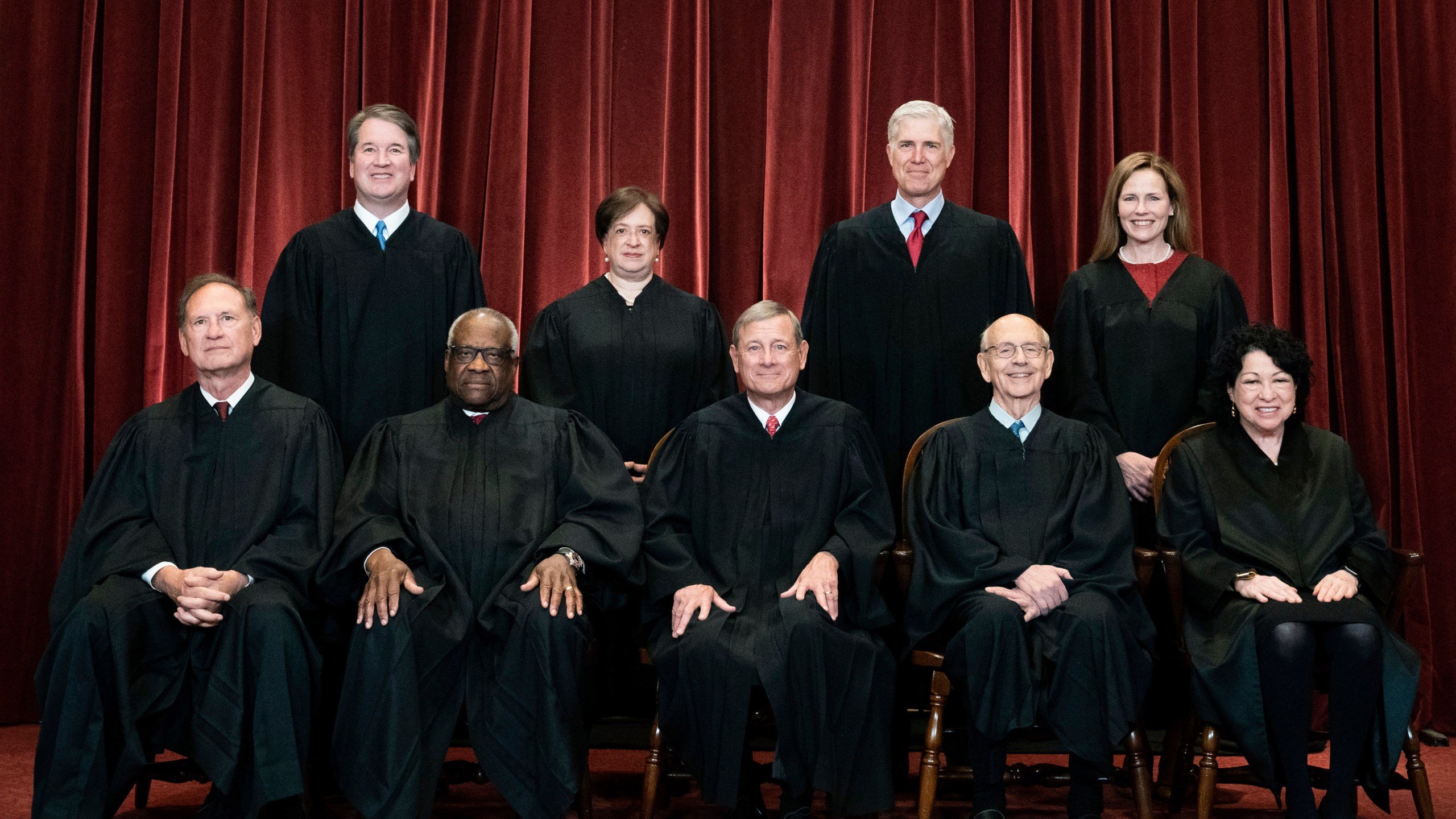 Members of the Supreme Court pose for a group photo at the Supreme Court in Washington, April 23, 2021. Seated from left are Associate Justice Samuel Alito, Associate Justice Clarence Thomas, Chief Justice John Roberts, Associate Justice Stephen Breyer and Associate Justice Sonia Sotomayor, Standing from left are Associate Justice Brett Kavanaugh, Associate Justice Elena Kagan, Associate Justice Neil Gorsuch and Associate Justice Amy Coney Barrett. (Erin Schaff/The New York Times via AP, Pool, File)