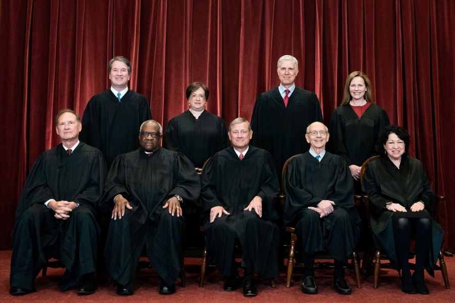 Members of the Supreme Court pose for a group photo at the Supreme Court in Washington, April 23, 2021. Seated from left are Associate Justice Samuel Alito, Associate Justice Clarence Thomas, Chief Justice John Roberts, Associate Justice Stephen Breyer and Associate Justice Sonia Sotomayor, Standing from left are Associate Justice Brett Kavanaugh, Associate Justice Elena Kagan, Associate Justice Neil Gorsuch and Associate Justice Amy Coney Barrett. (Erin Schaff/The New York Times via AP, Pool, File)