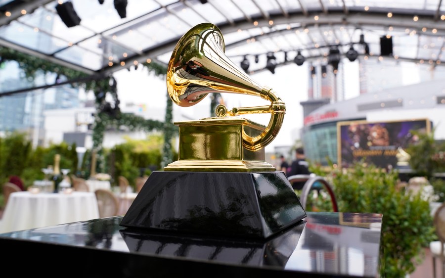 A decorative grammy is seen before the start of the 63rd annual Grammy Awards at the Los Angeles Convention Center on March 14, 2021. (AP Photo/Chris Pizzello, File)