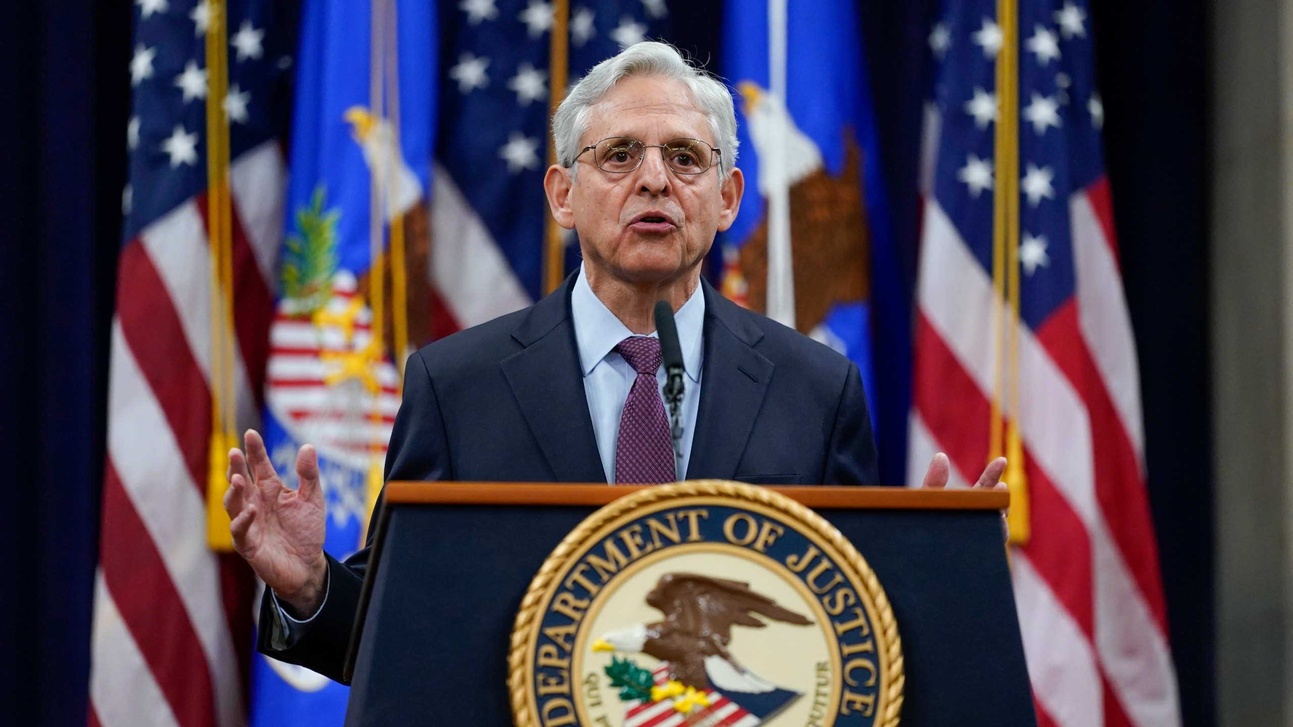 Attorney General Merrick Garland speaks at the Department of Justice in Washington on Jan. 5, 2022, in advance of the one year anniversary of the attack on the U.S. Capitol. (Carolyn Kaster, Pool)