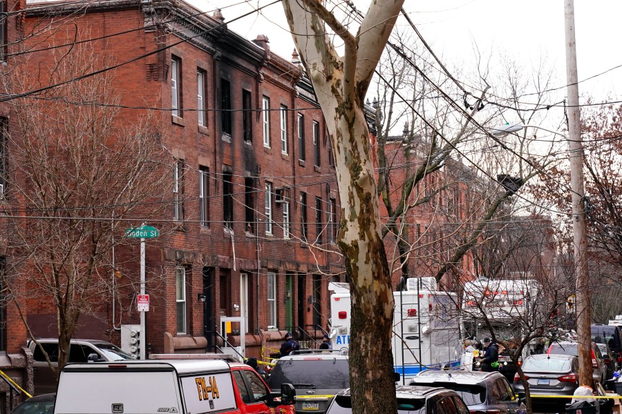 Soot covers the exterior wall of the building of Wednesday's fatal fire in the Fairmount neighborhood of Philadelphia, Thursday, Jan. 6, 2022. Officials say it's the city's deadliest single fire in at least a century. (AP Photo/Matt Rourke)