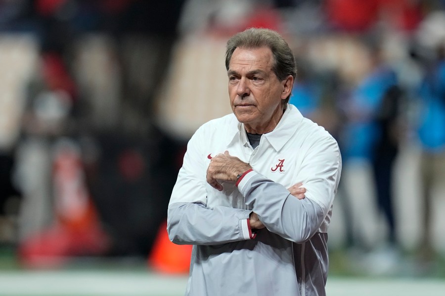 Alabama head coach Nick Saban watches warm ups before the College Football Playoff championship football game against Georgia Monday, Jan. 10, 2022, in Indianapolis. (AP Photo/Paul Sancya)