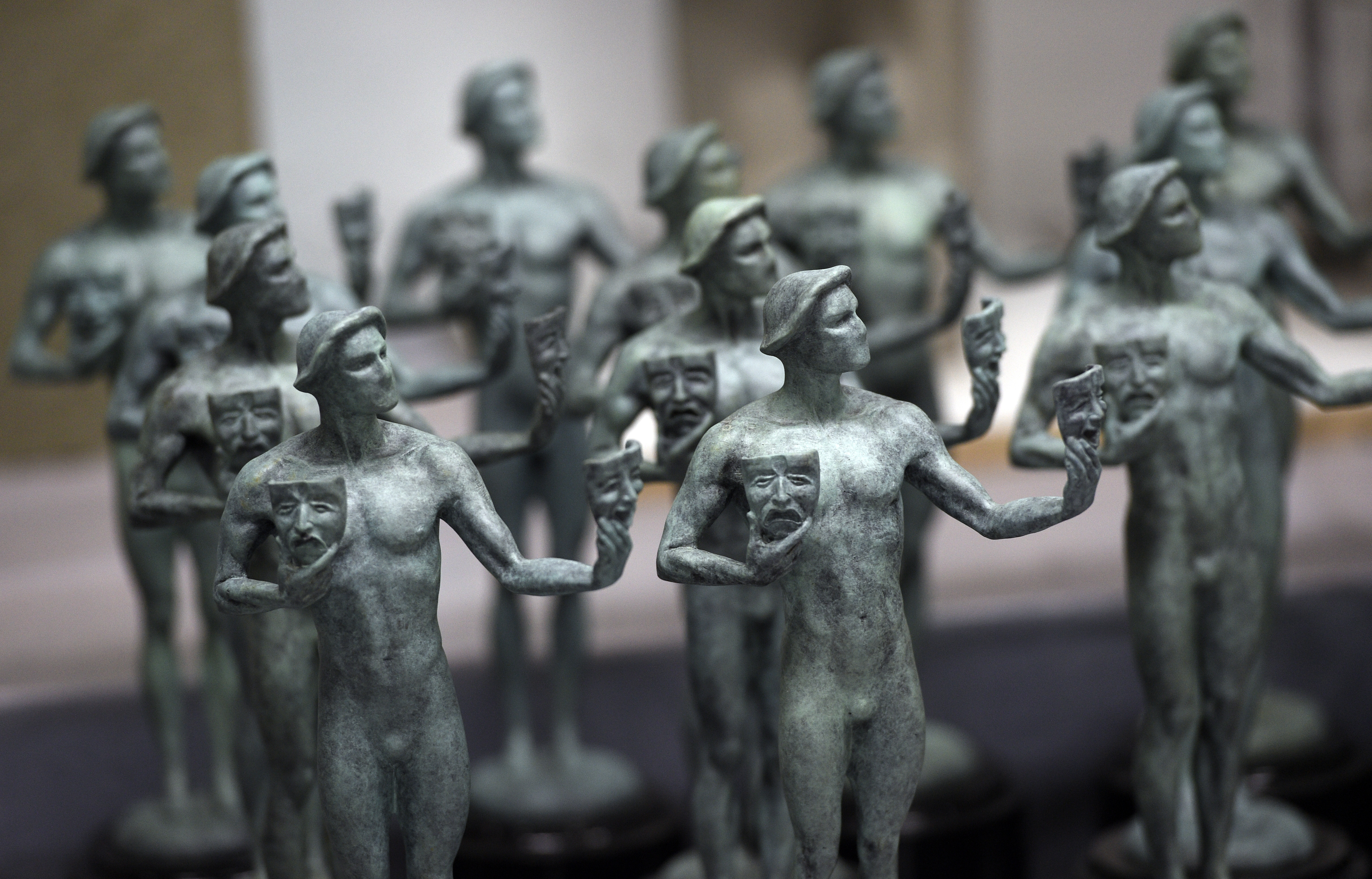 Finished solid bronze Actor statuettes are displayed during the 25th Annual Casting of the Screen Actors Guild Awards at American Fine Arts Foundry on Jan. 15, 2019, in Burbank. (Chris Pizzello/Invision/Associated Press)