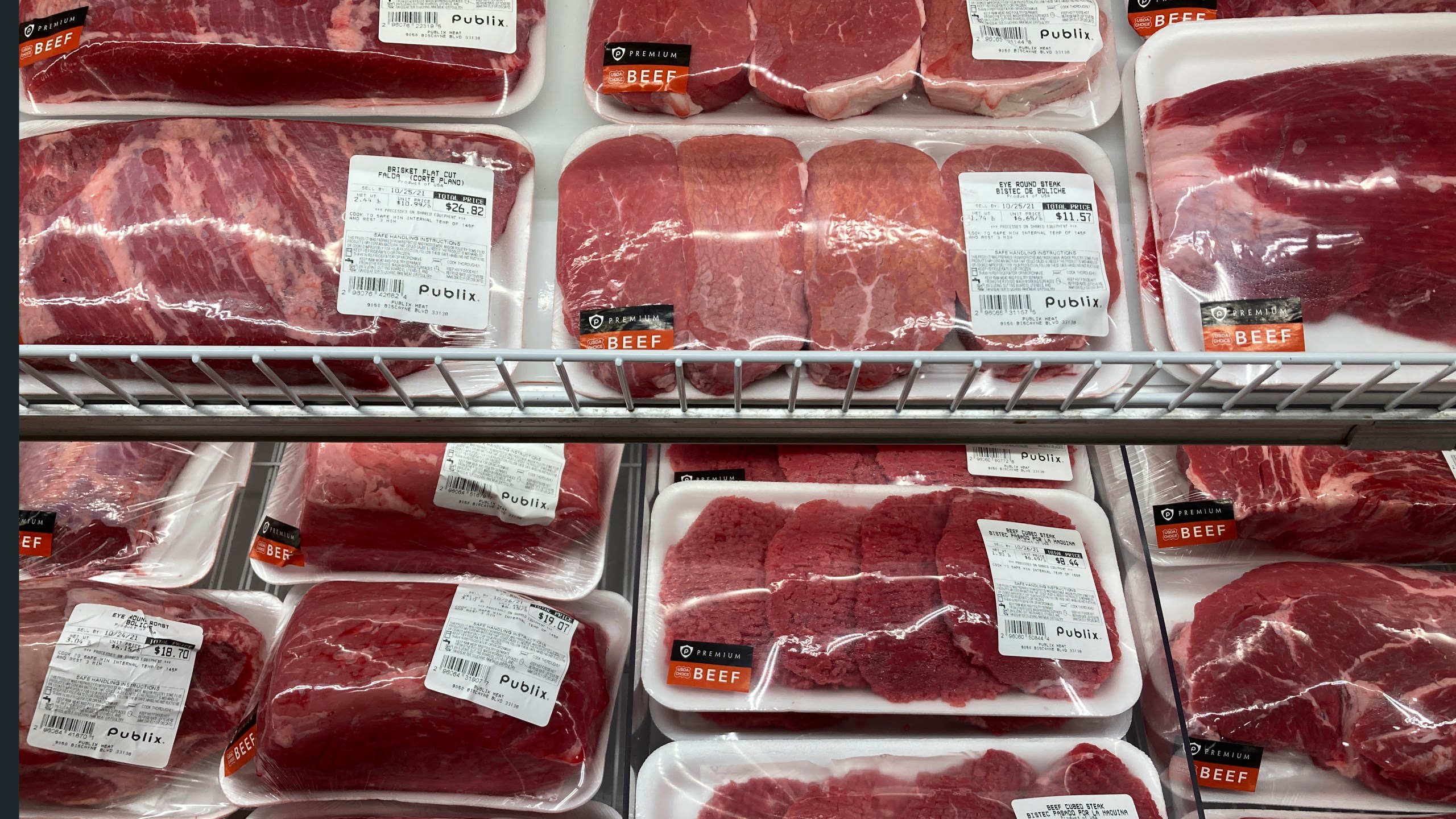 A selection of beef cuts is displayed at a Publix Supermarket, Wednesday, Oct. 20, 2021, in Miami. Prices paid by U.S. consumers jumped in December 2021 compared to a year earlier, the latest evidence that rising costs for food, gas, rent and other necessities are heightening the financial pressures on America's households. (AP Photo/Marta Lavandier)