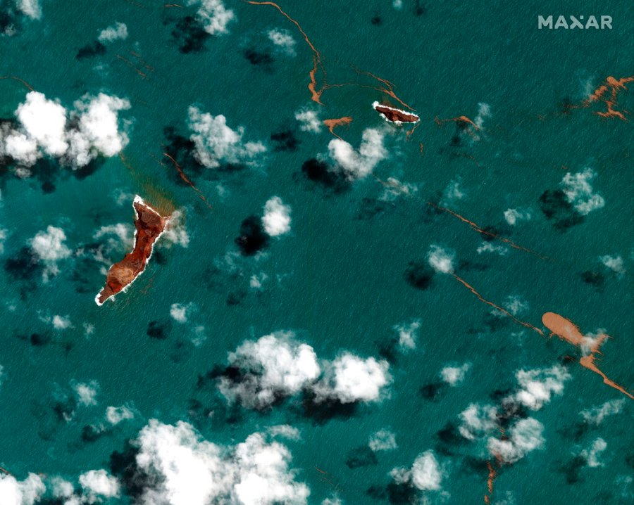 This satellite image provided by Maxar Technologies shows a general view of Hunga Tonga Hunga Ha'apai volcano in Tonga Tuesday, Jan. 18, 2022 after a huge undersea volcanic eruption. (Satellite image ©2022 Maxar Technologies via AP, File)