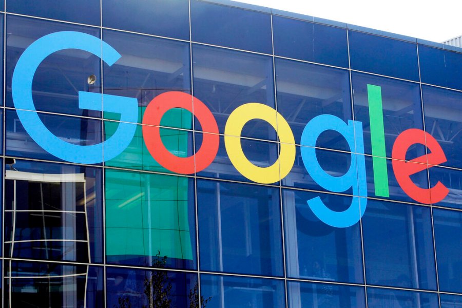 A sign is shown on a Google building at their campus in Mountain View, Calif., on Sept. 24, 2019. (AP Photo/Jeff Chiu, File)