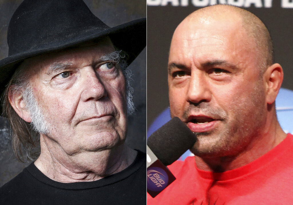 This combination photo shows Neil Young in Calabasas, Calif., on May 18, 2016, left, and UFC announcer and podcaster Joe Rogan before a UFC on FOX 5 event in Seattle, Dec. 7, 2012. (AP Photo)