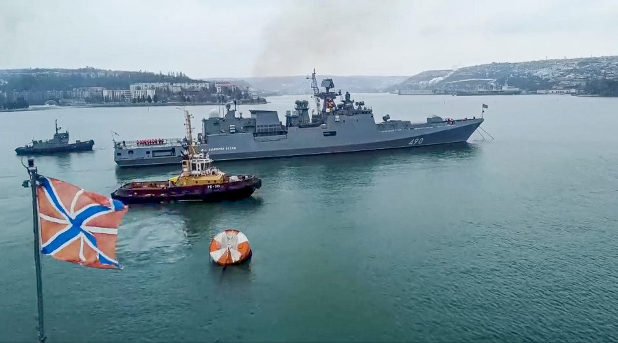 In this photo taken from video and released by the Russian Defense Ministry Press Service on Wednesday, Jan. 26, 2022, the Russian navy's frigate Admiral Essen prepares to sail off for an exercise in the Black Sea. Russia has launched a series of drills amid the tensions over Ukraine and deployed an estimated 100,000 troops near the Ukrainian territory that fueled Western fears of an invasion. (Russian Defense Ministry Press Service via AP)