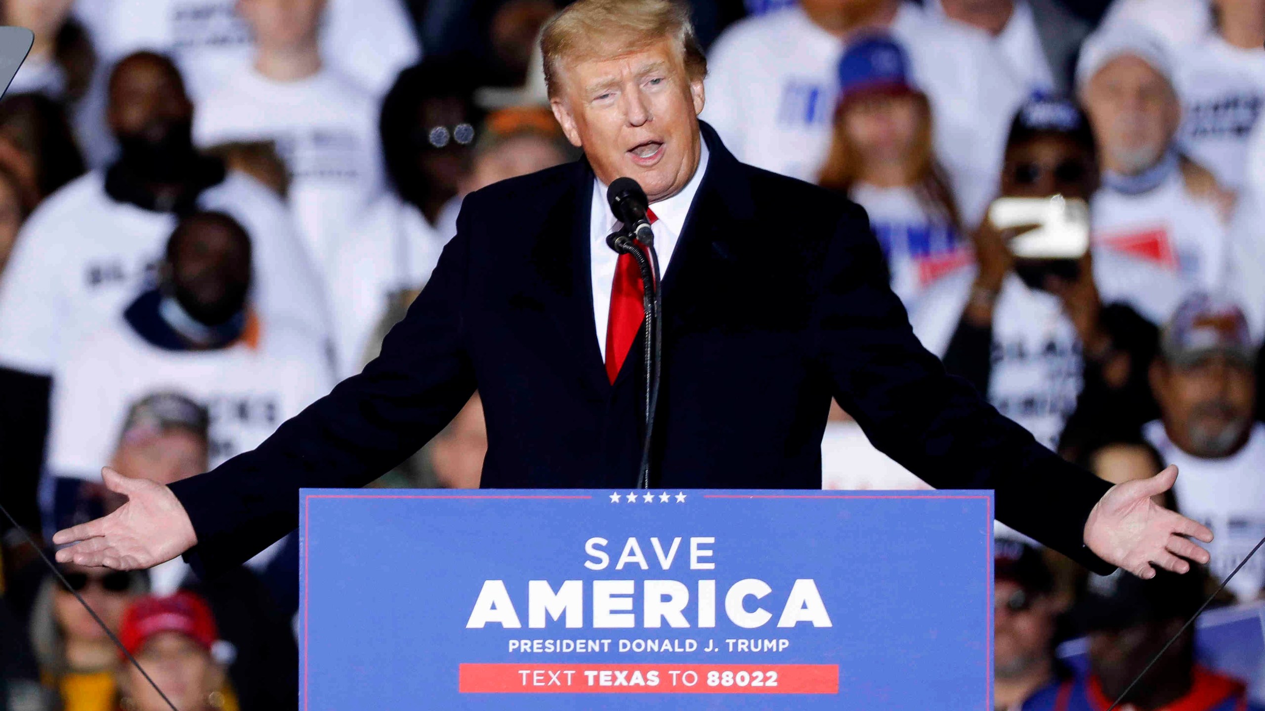 Former President Donald Trump speaks at a rally, Saturday, Jan. 29, 2022, in Conroe, Texas. (Jason Fochtman/Houston Chronicle via AP)