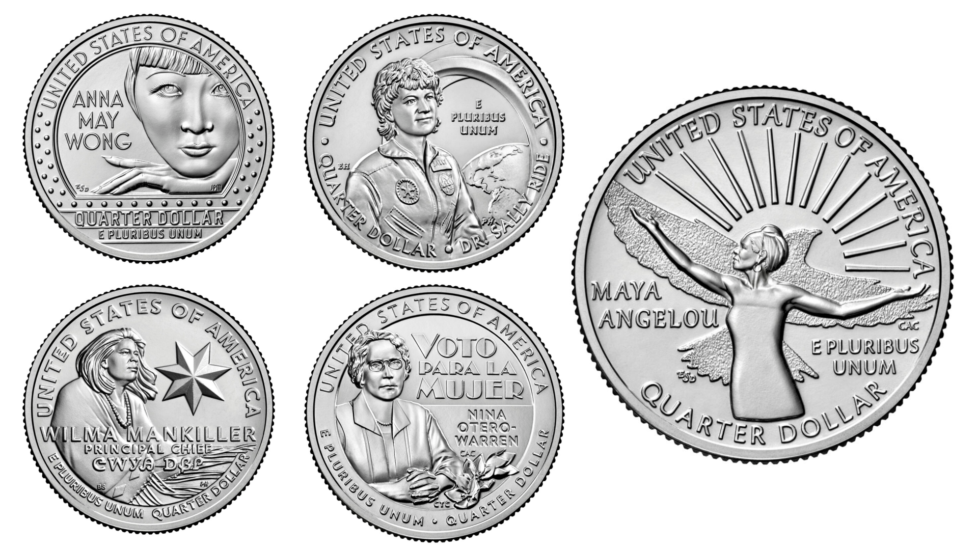 The coins that will be released starting 2022 as part of the American Women Quarters Program. The Maya Angelou Quarter (right) is the first coin in the program. (U.S. Mint)