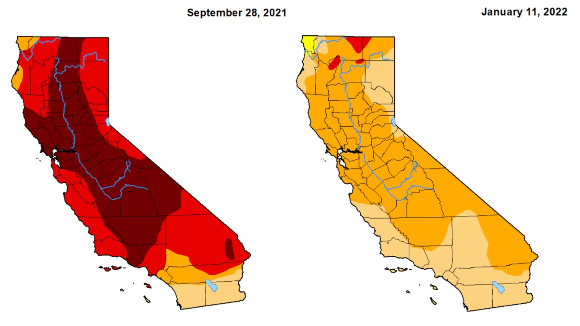 U.S. Drought Monitor maps of California from Sept. 28, 2021, left, and Jan. 11, 2022, right.