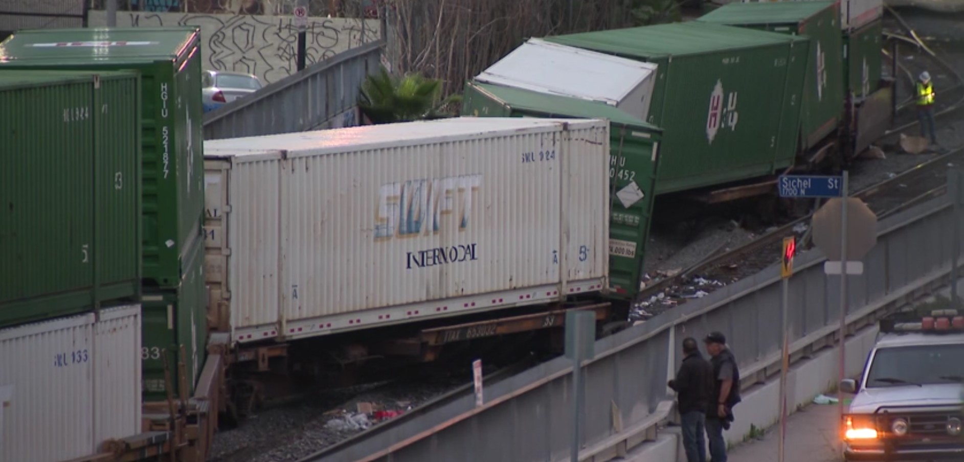 A Union Pacific train derailed near Lincoln Heights on Jan. 15, 2022. (KTLA)