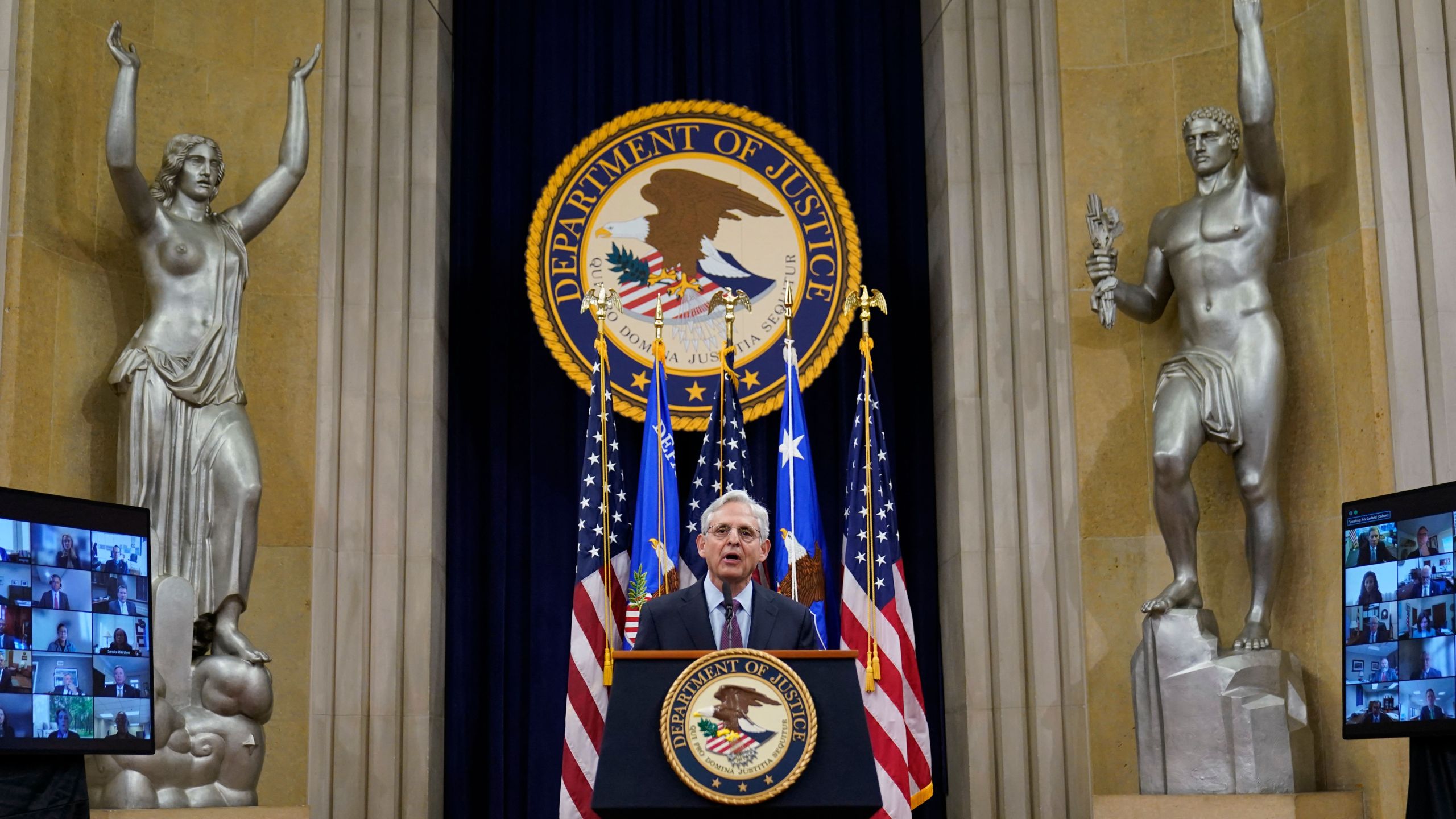 Attorney General Merrick Garland speaks at the Department of Justice in Washington, DC, January 5, 2022. (CAROLYN KASTER/POOL/AFP via Getty Images)