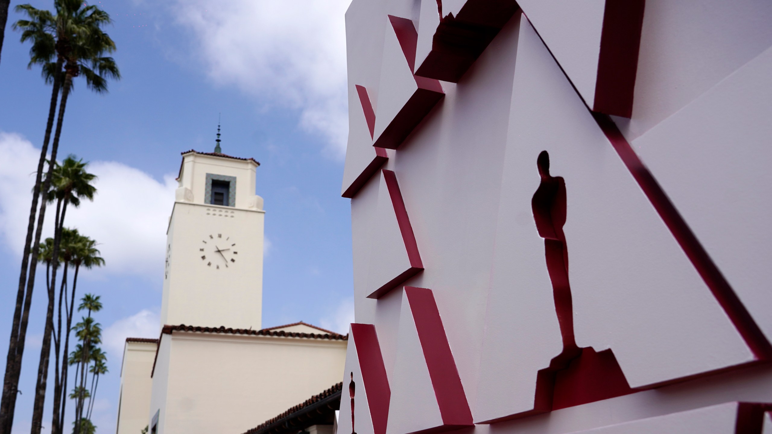 An Oscar statue design on a red carpet backdrop is pictured at Union Station, one of the locations for Sunday's 93rd Academy Awards on April 24, 2021 in Los Angeles. (Chris Pizzello-Pool/Getty Images)